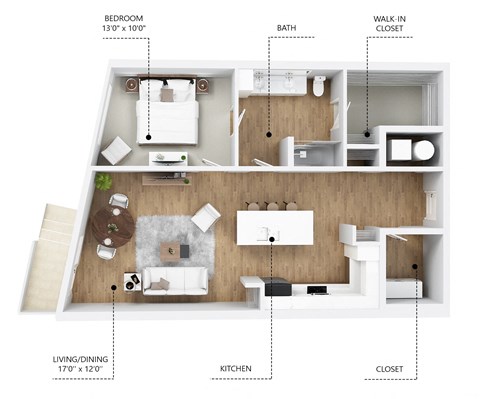 Floor plan for 1 bed, 1 bath, 875 sqft